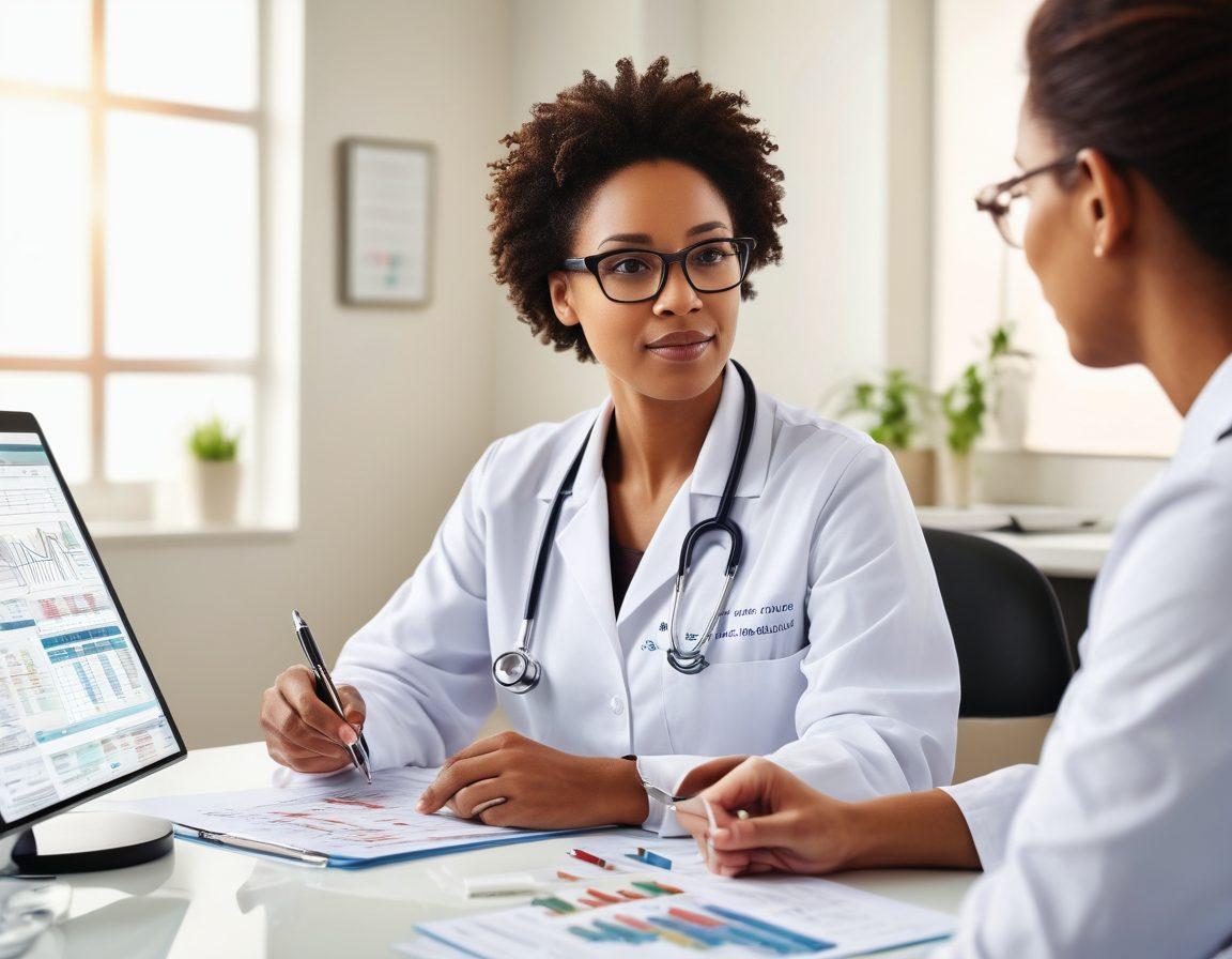A healthcare professional sitting at a desk, discussing billing solutions with a diverse group of patients, showcasing compassion and empathy. In the background, gentle medical imagery and financial charts blend seamlessly, illustrating the fusion of care and finance. Warm lighting enhances the positive atmosphere. super-realistic. warm tones. white background.