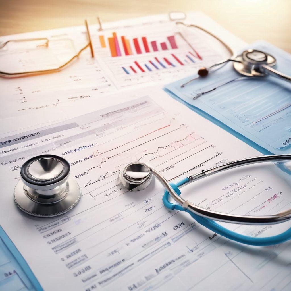 A harmonious blend of a hospital setting and a financial chart, showcasing doctors and patients interacting warmly while a glowing revenue cycle chart rises in the background. Include elements like stethoscopes, dollar signs, happy patients, and charts merging into a heart shape. Soft lighting to create an inviting atmosphere. super-realistic. vibrant colors.