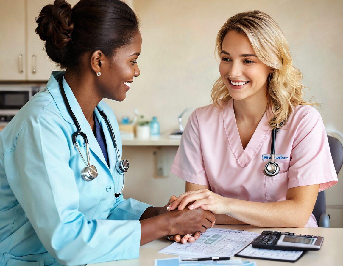 A warm and inviting healthcare setting with a smiling patient consulting a compassionate healthcare worker, surrounded by gentle pastel colors. Incorporate symbols of billing and care, such as a calculator integrated with a stethoscope and a heart, emphasizing the connection between healthcare and billing. Add a subtle background of caring hands reaching out, representing support and affection. soft painting. warm tones. light texture.